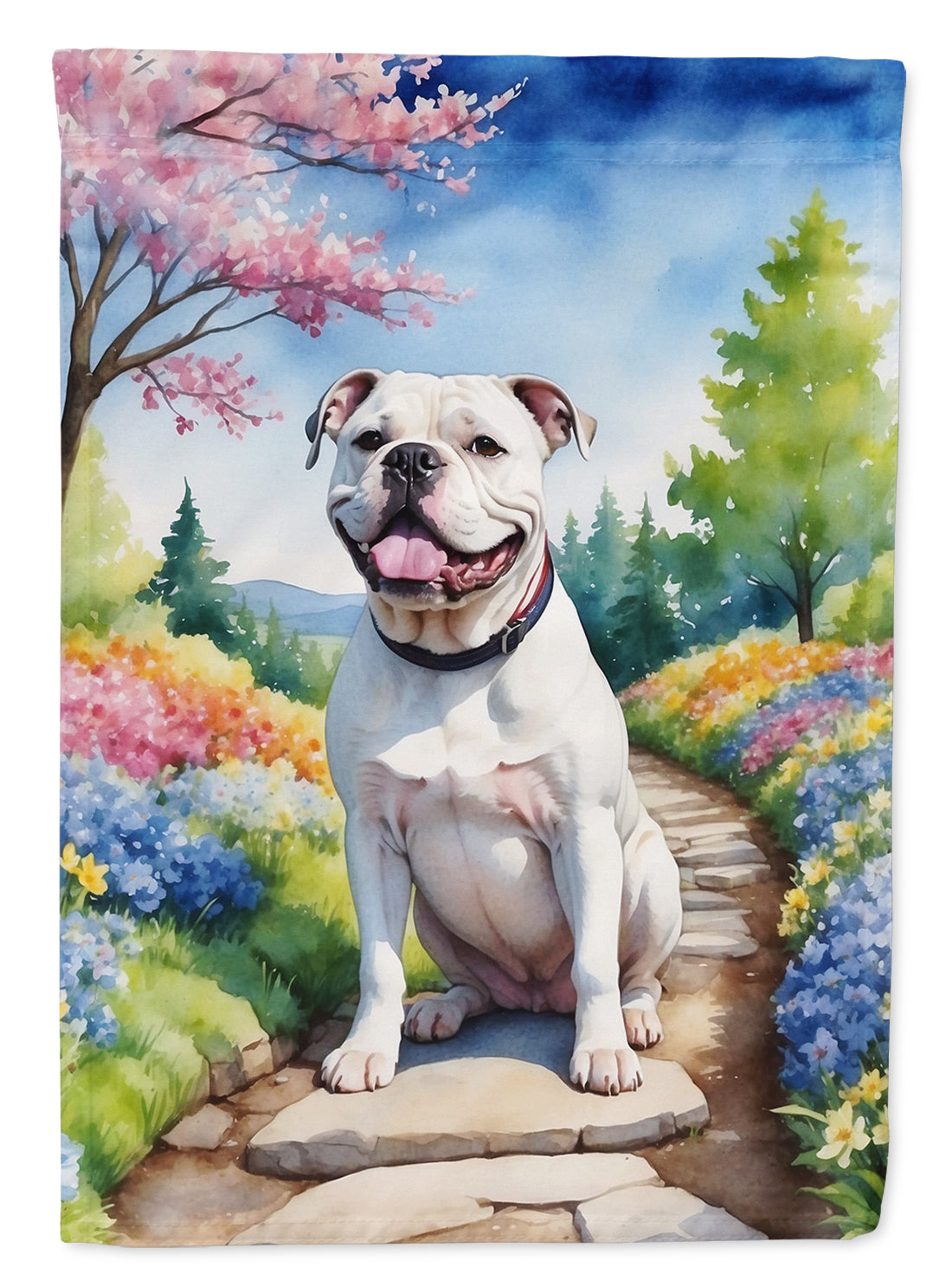American Bulldog Spring Path Garden Flag – Dog-Themed Floral Outdoor Decor