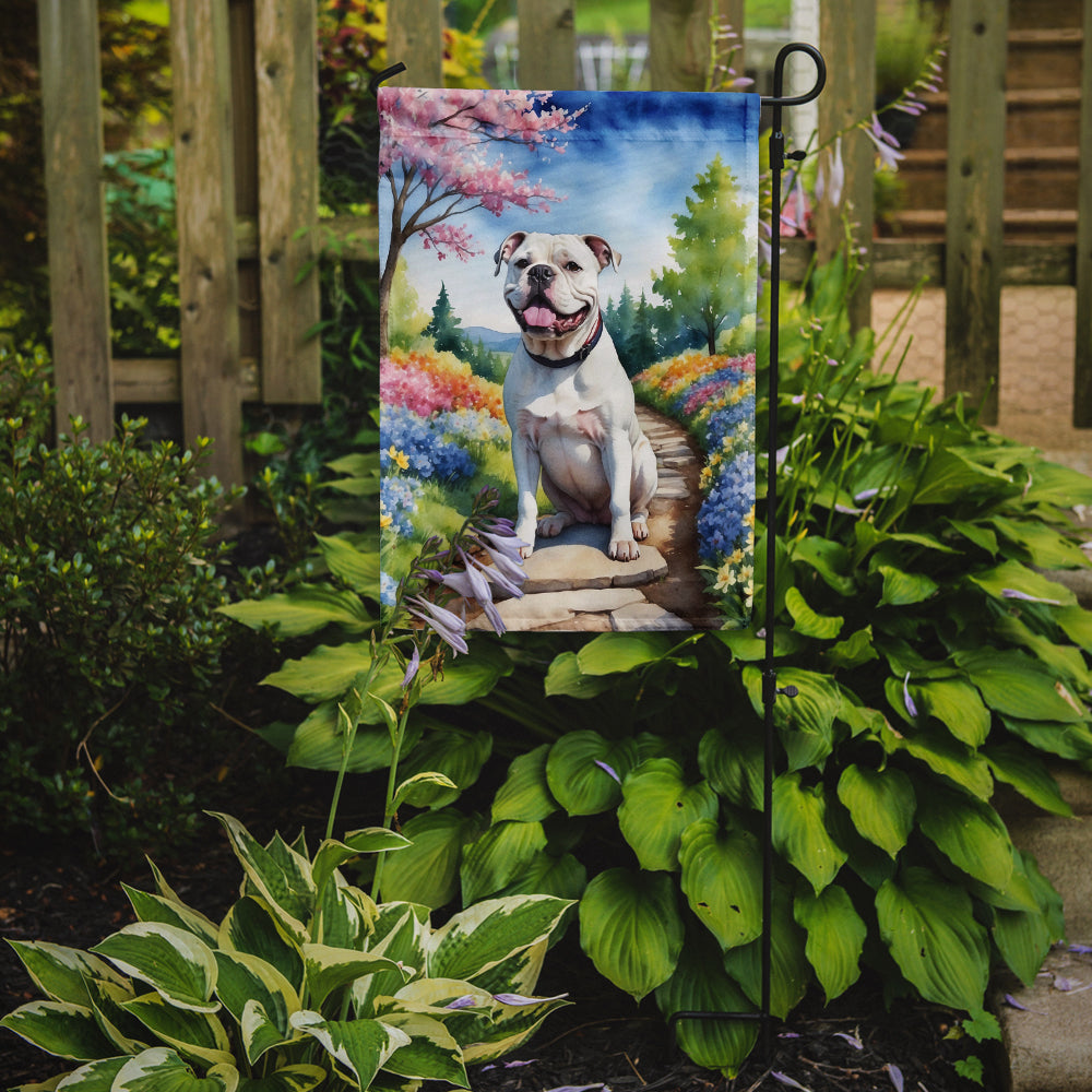 American Bulldog Spring Path Garden Flag – Dog-Themed Floral Outdoor Decor