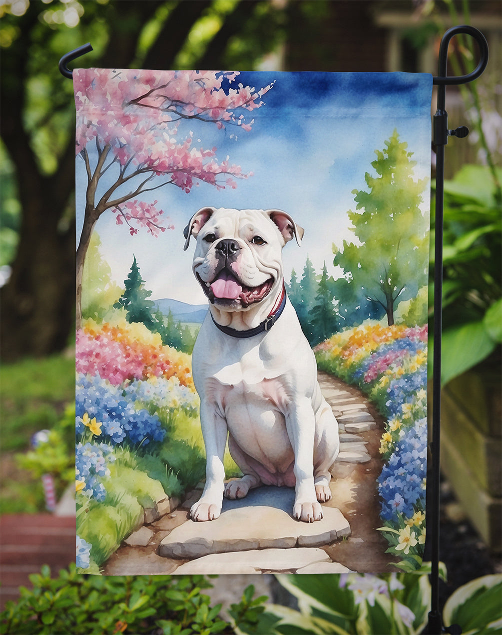 American Bulldog Spring Path Garden Flag – Dog-Themed Floral Outdoor Decor