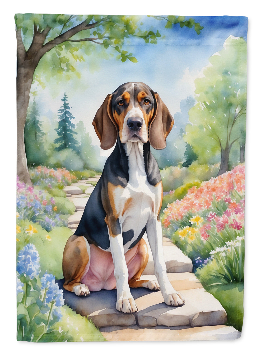 American English Coonhound Spring Path Garden Flag – Dog-Themed Floral Outdoor Decor
