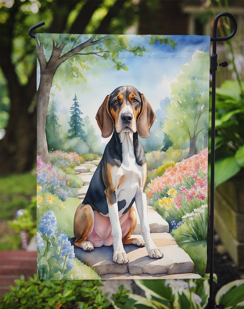 American English Coonhound Spring Path Garden Flag – Dog-Themed Floral Outdoor Decor