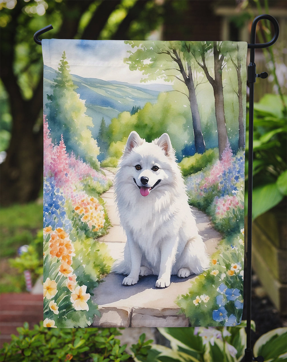 American Eskimo Spring Path Garden Flag – Dog-Themed Floral Outdoor Decor