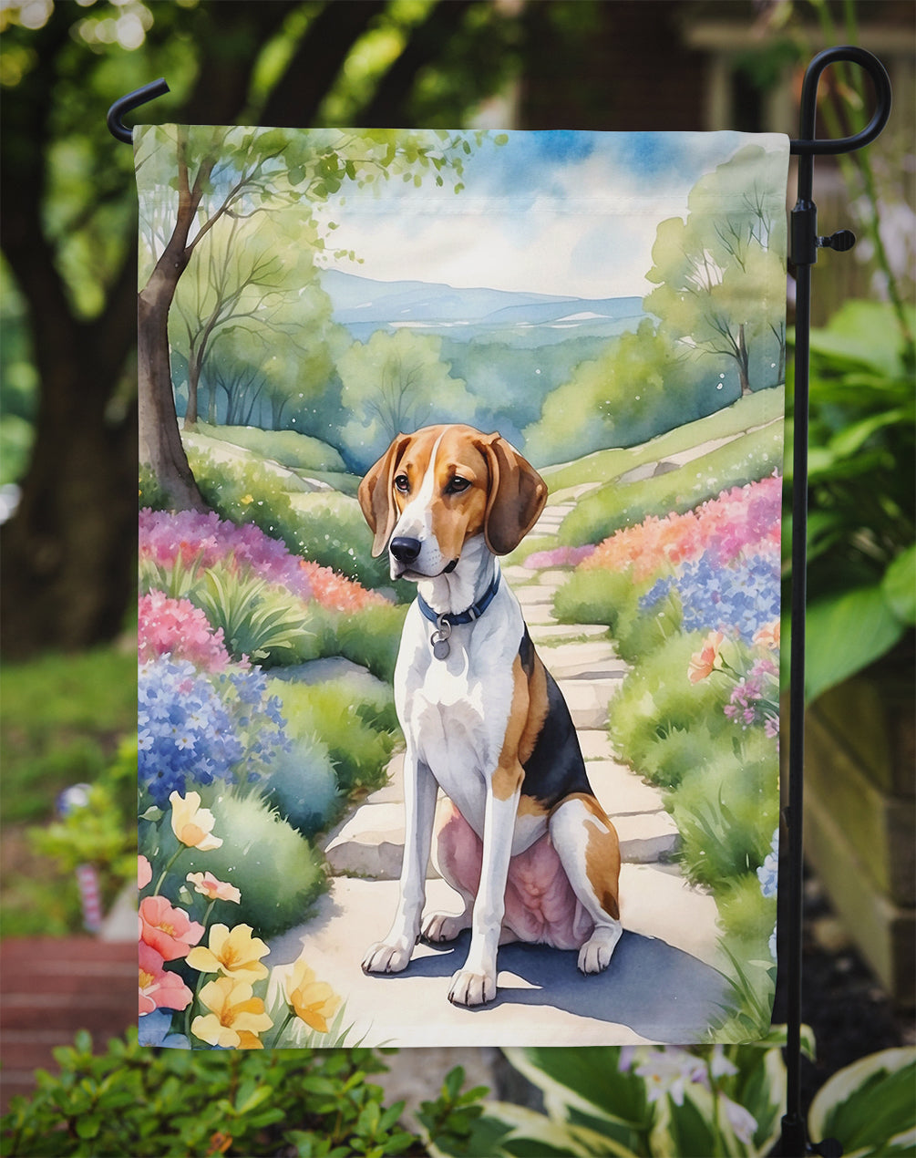American Foxhound Spring Path Garden Flag – Dog-Themed Floral Outdoor Decor