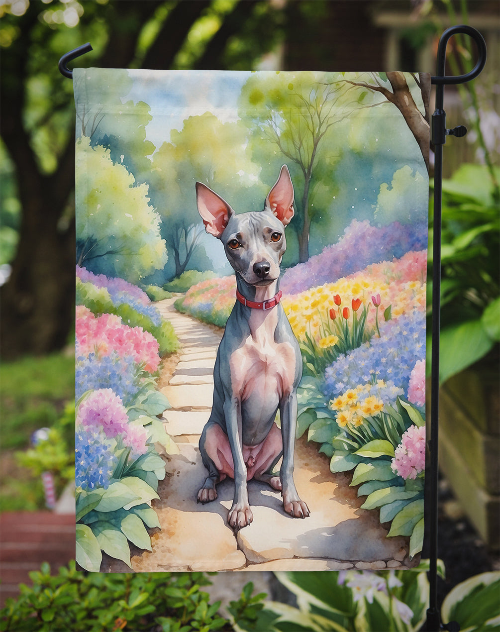 American Hairless Terrier Spring Path Garden Flag – Dog-Themed Floral Outdoor Decor