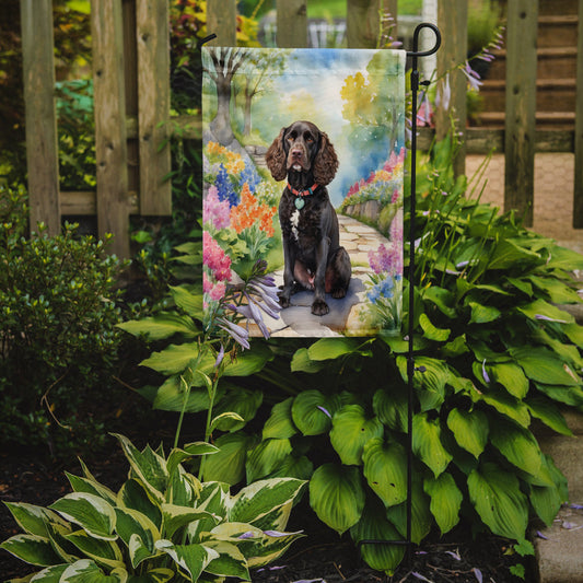 American Water Spaniel Spring Path Garden Flag – Dog-Themed Floral Outdoor Decor