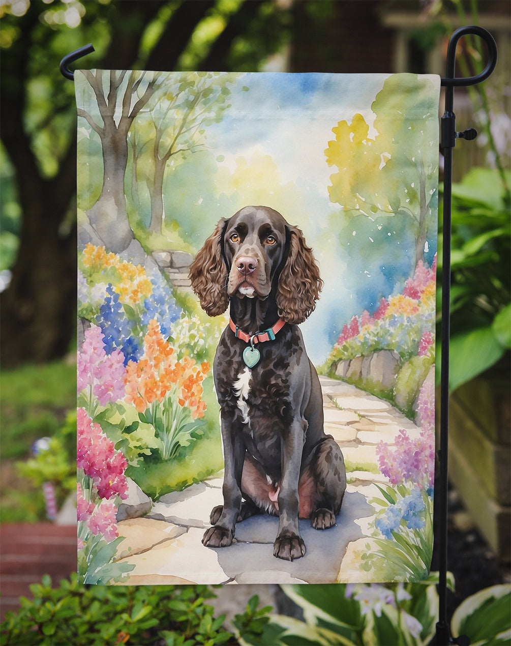 American Water Spaniel Spring Path Garden Flag – Dog-Themed Floral Outdoor Decor