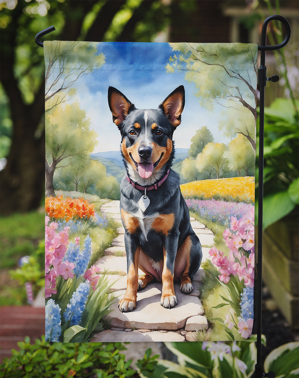 Australian Cattle Dog Spring Path Garden Flag – Dog-Themed Floral Outdoor Decor