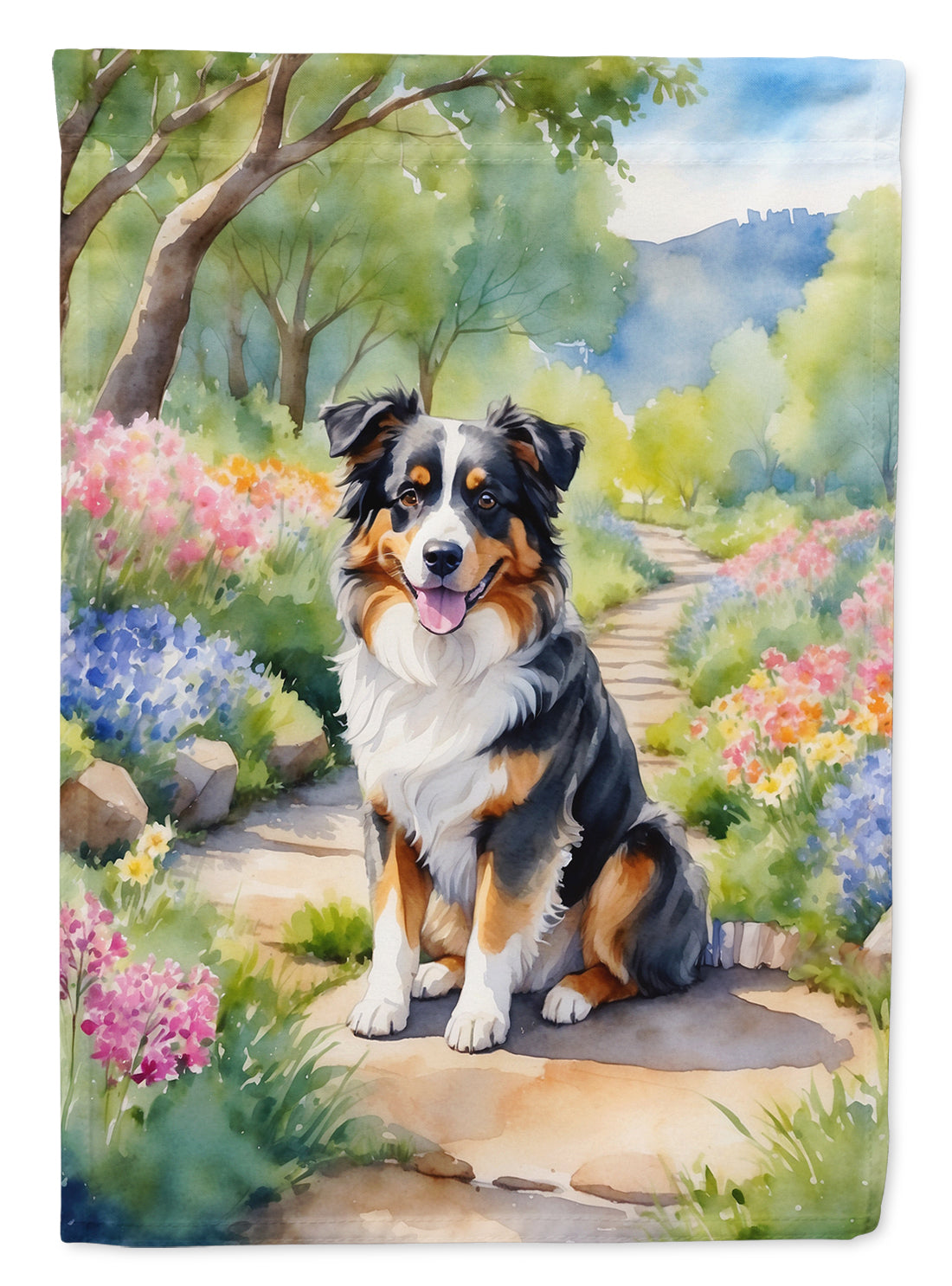 Australian Shepherd Spring Path Garden Flag – Dog-Themed Floral Outdoor Decor