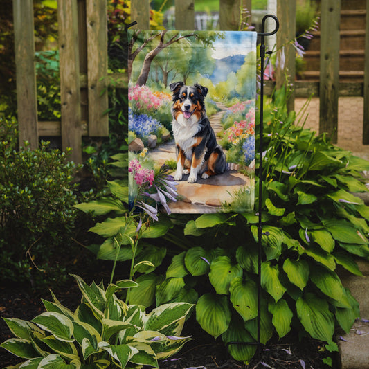 Australian Shepherd Spring Path Garden Flag – Dog-Themed Floral Outdoor Decor
