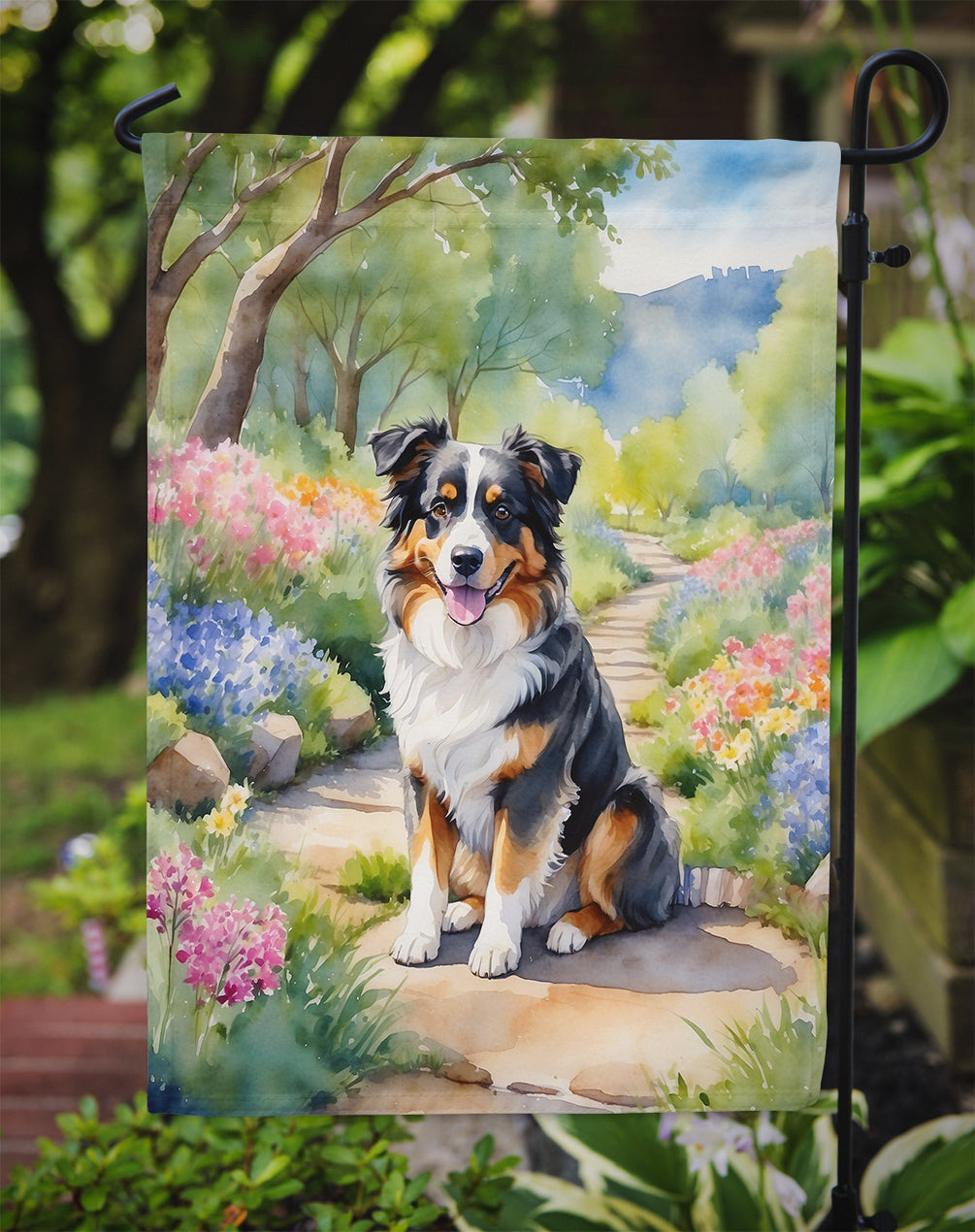 Australian Shepherd Spring Path Garden Flag – Dog-Themed Floral Outdoor Decor