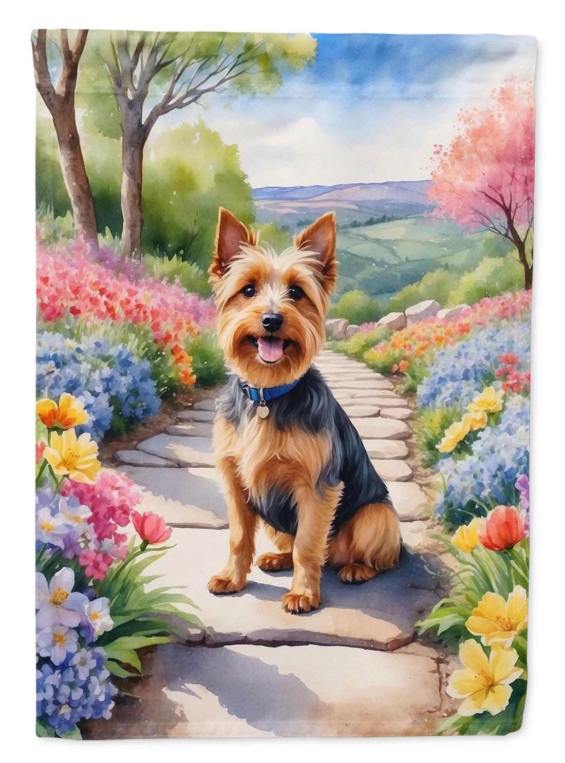 Australian Terrier Spring Path Garden Flag – Dog-Themed Floral Outdoor Decor
