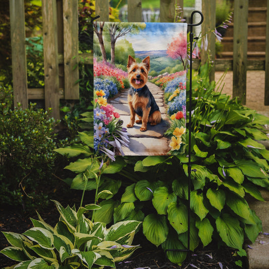 Australian Terrier Spring Path Garden Flag – Dog-Themed Floral Outdoor Decor