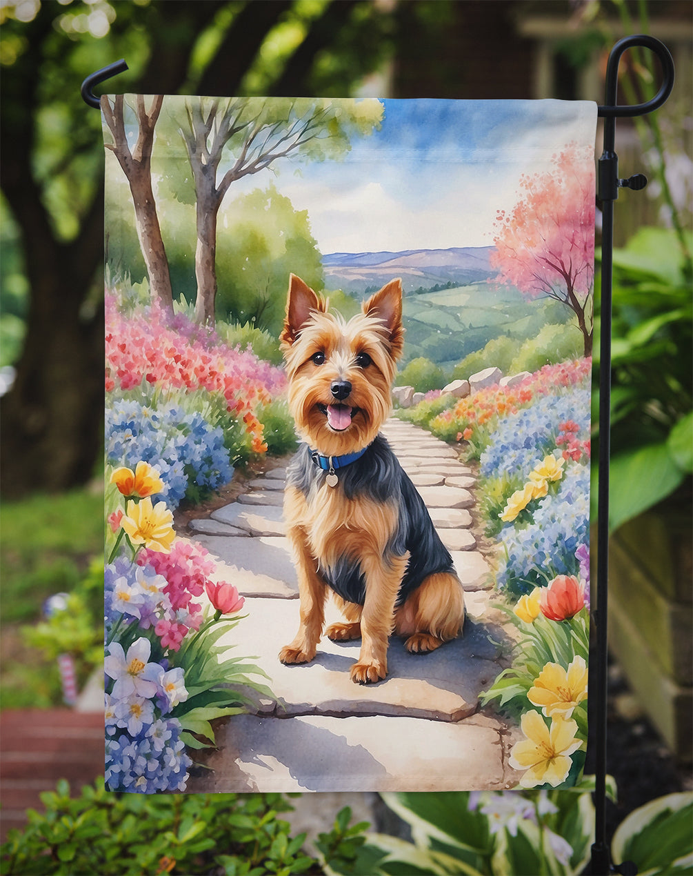 Australian Terrier Spring Path Garden Flag – Dog-Themed Floral Outdoor Decor
