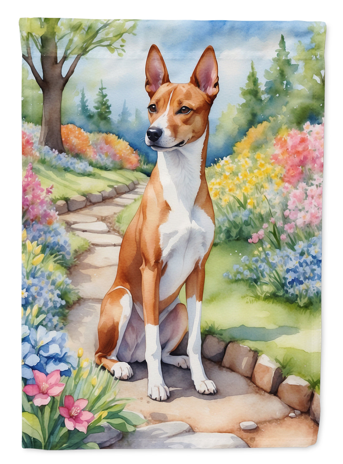 Basenji Spring Path Garden Flag – Dog-Themed Floral Outdoor Decor