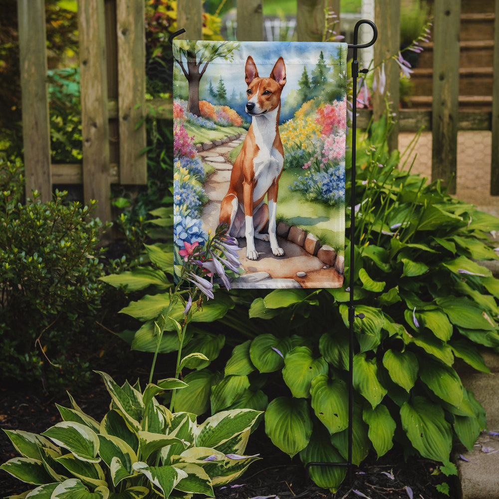 Basenji Spring Path Garden Flag – Dog-Themed Floral Outdoor Decor