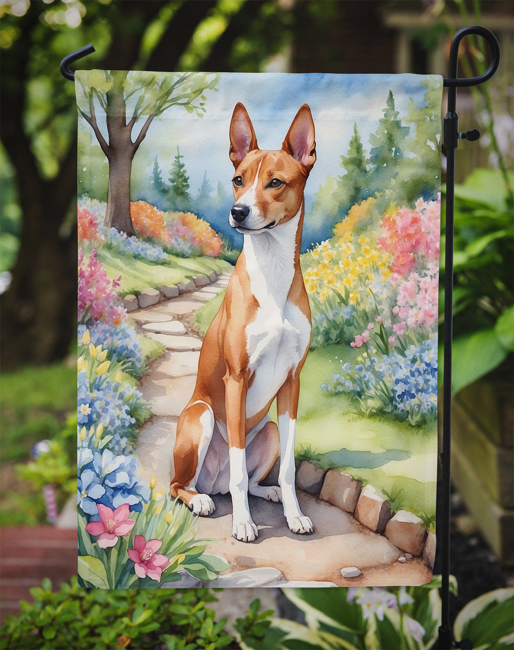 Basenji Spring Path Garden Flag – Dog-Themed Floral Outdoor Decor