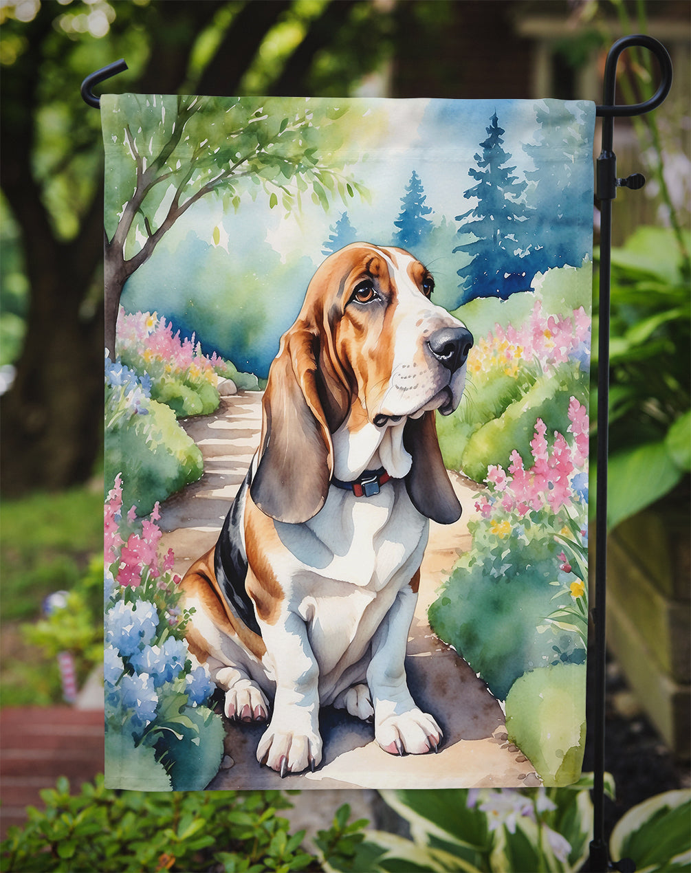 Basset Hound Spring Path Garden Flag – Dog-Themed Floral Outdoor Decor