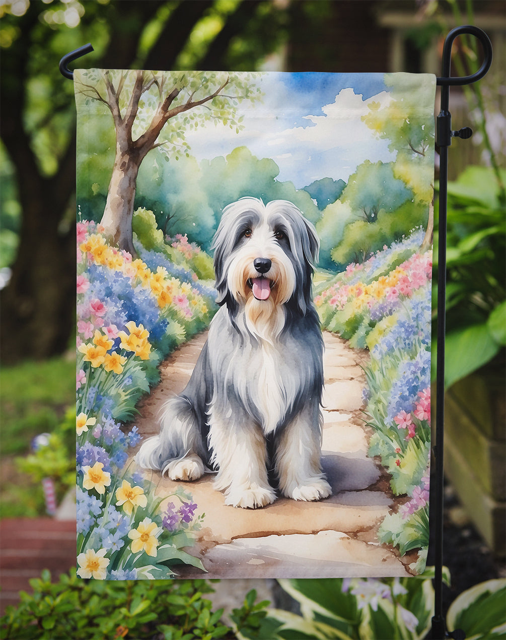 Bearded Collie Spring Path Garden Flag – Dog-Themed Floral Outdoor Decor