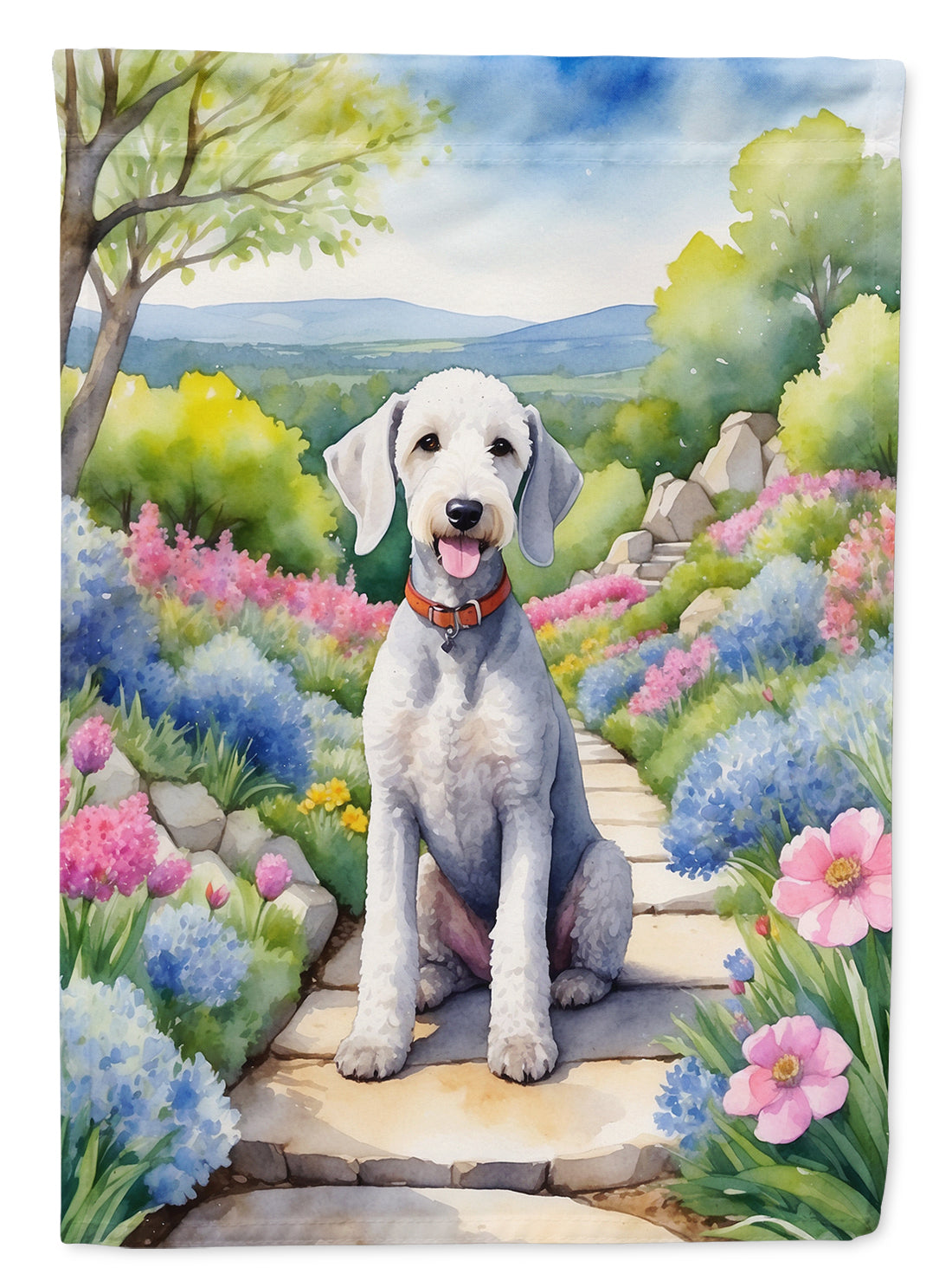 Bedlington Terrier Spring Path Garden Flag – Dog-Themed Floral Outdoor Decor