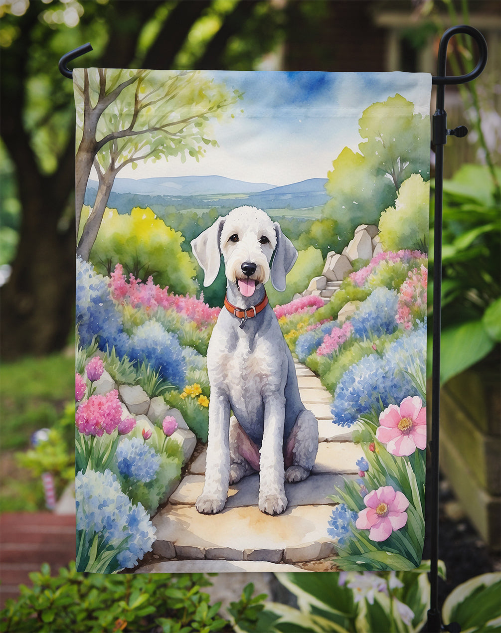 Bedlington Terrier Spring Path Garden Flag – Dog-Themed Floral Outdoor Decor