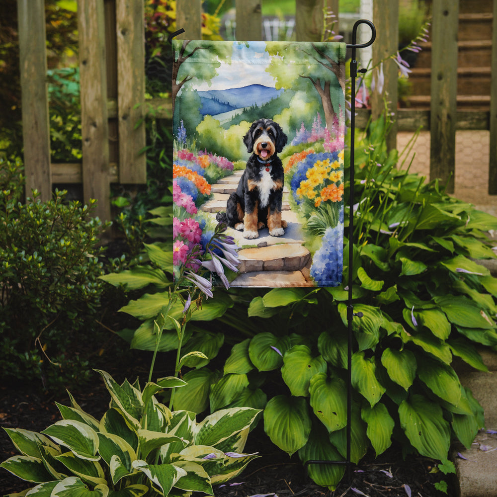 Bernedoodle Spring Path Garden Flag – Dog-Themed Floral Outdoor Decor