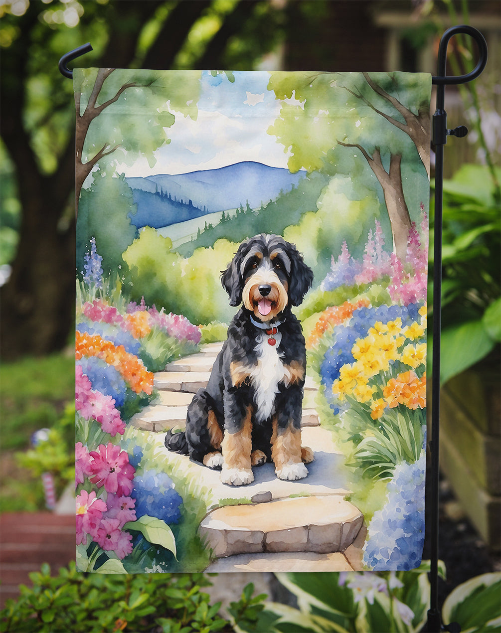 Bernedoodle Spring Path Garden Flag – Dog-Themed Floral Outdoor Decor