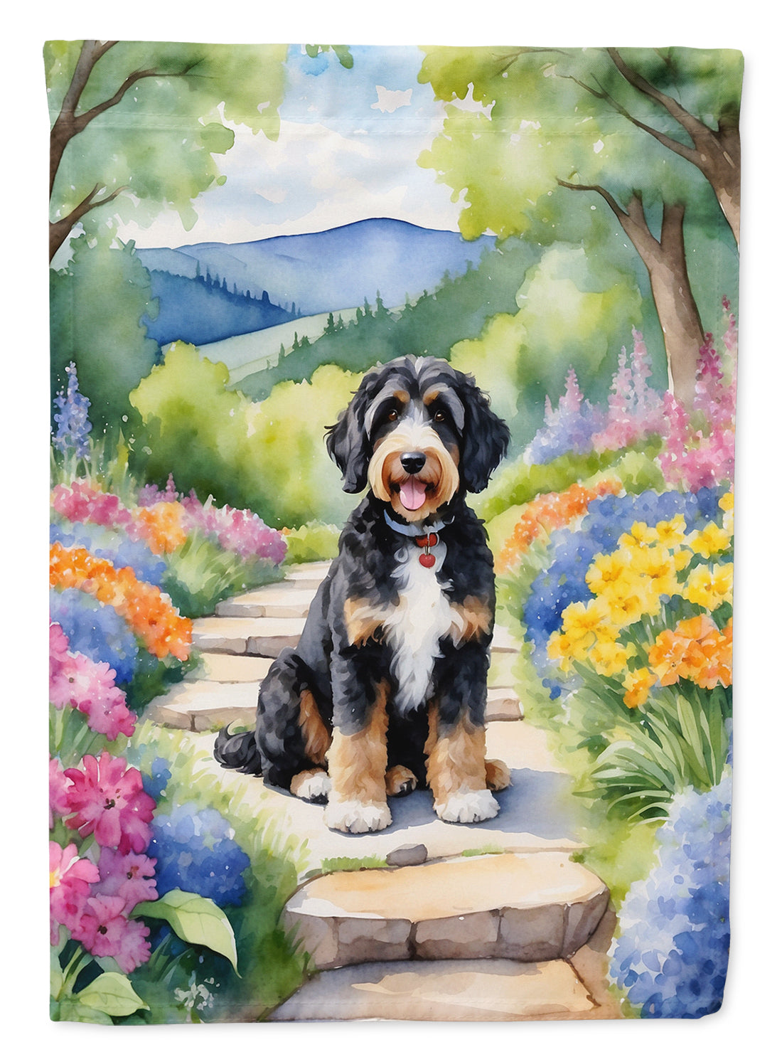 Bernedoodle Spring Path Garden Flag – Dog-Themed Floral Outdoor Decor