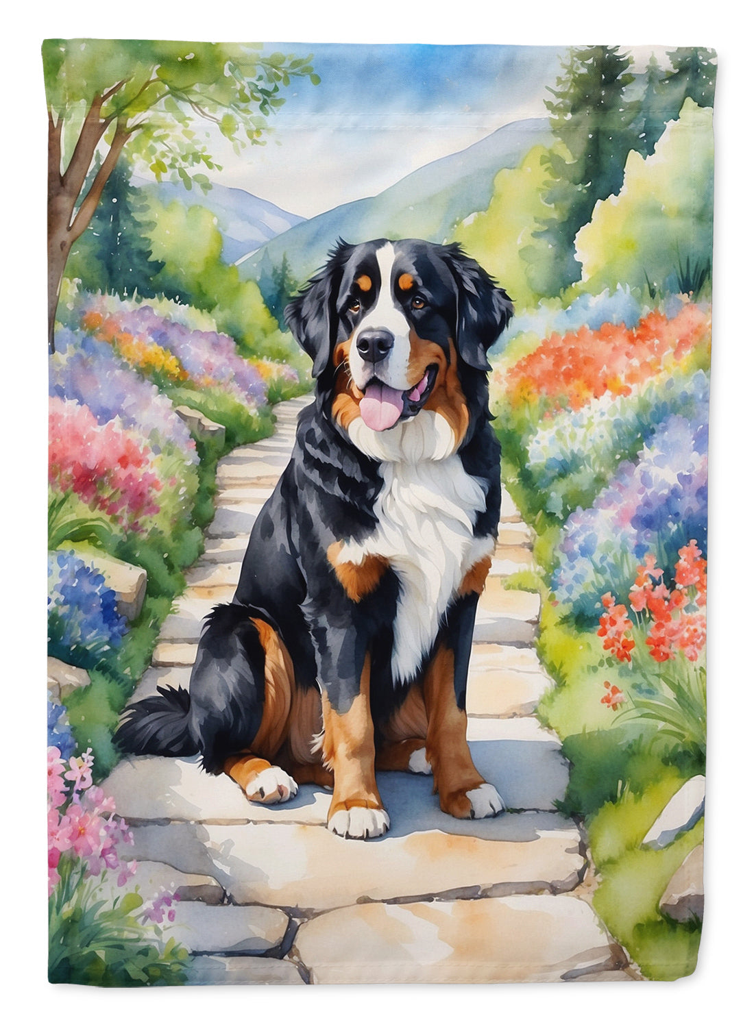 Bernese Mountain Dog Spring Path Garden Flag – Dog-Themed Floral Outdoor Decor