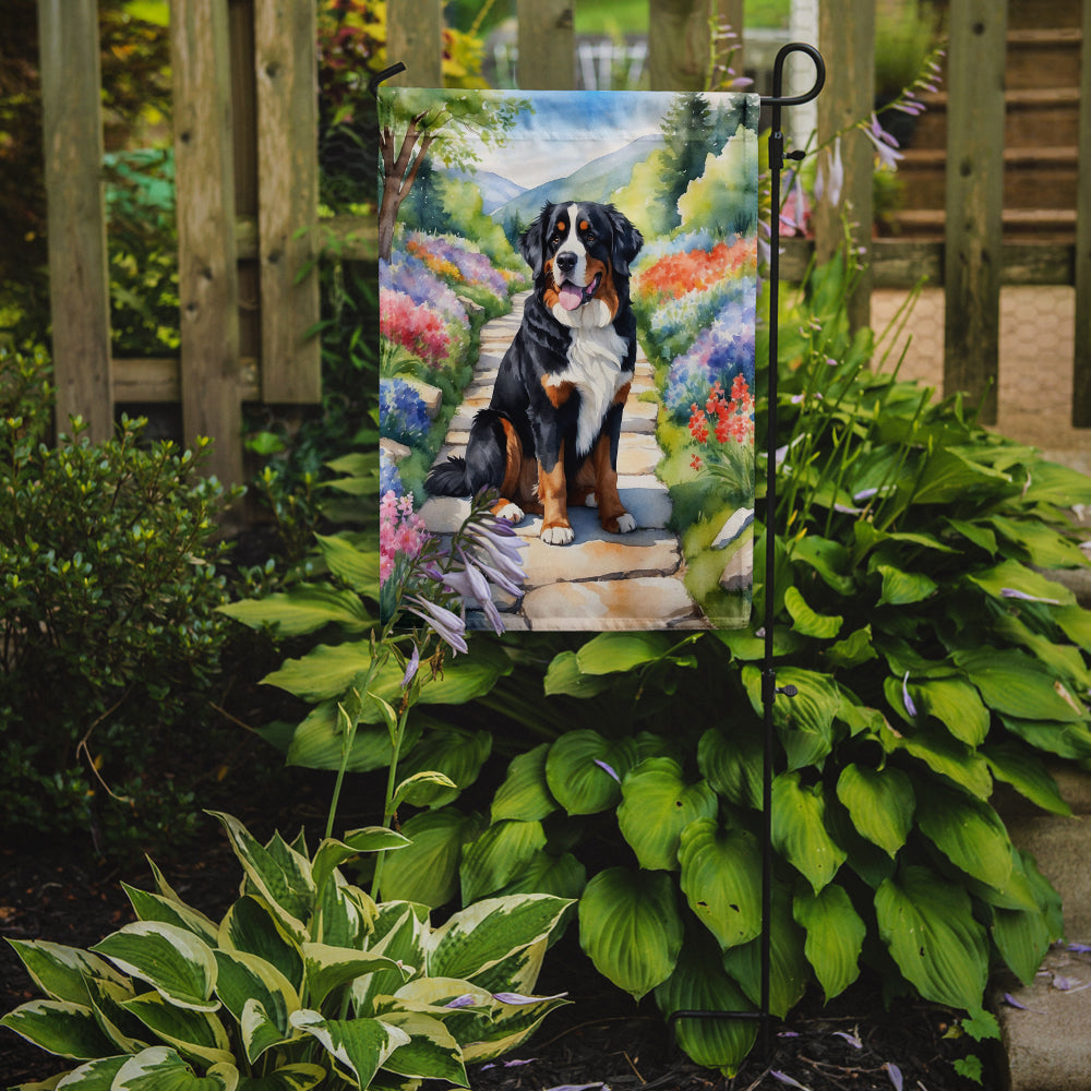 Bernese Mountain Dog Spring Path Garden Flag – Dog-Themed Floral Outdoor Decor