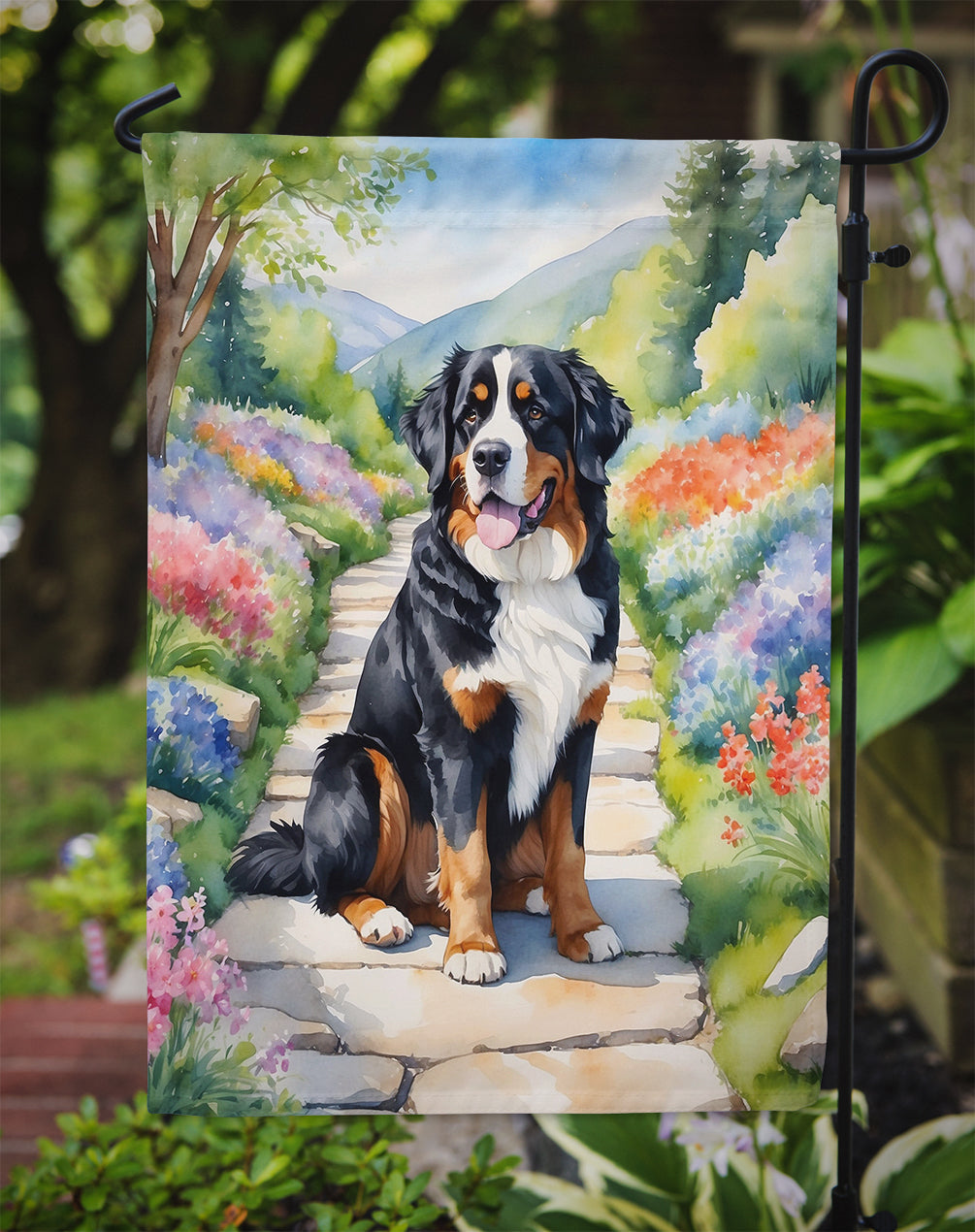 Bernese Mountain Dog Spring Path Garden Flag – Dog-Themed Floral Outdoor Decor