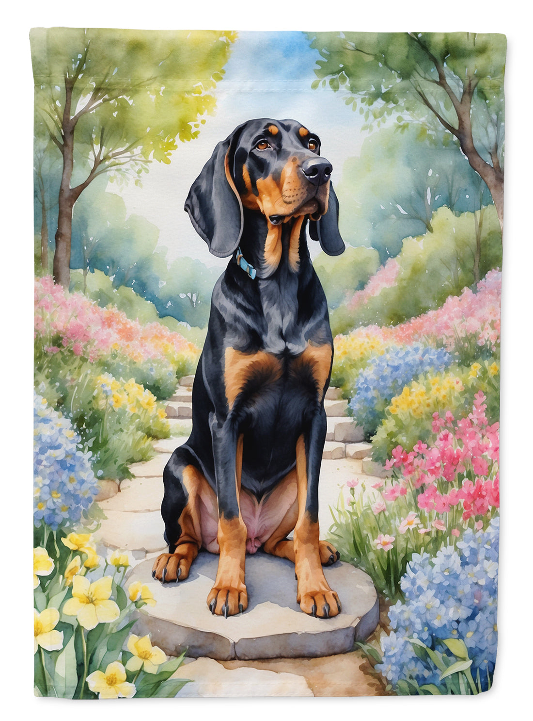 Black and Tan Coonhound Spring Path Garden Flag – Dog-Themed Floral Outdoor Decor