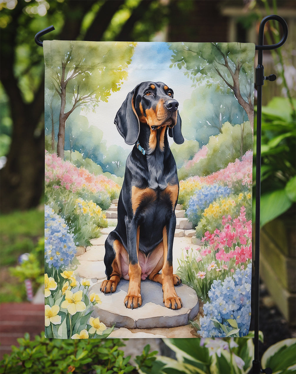 Black and Tan Coonhound Spring Path Garden Flag – Dog-Themed Floral Outdoor Decor