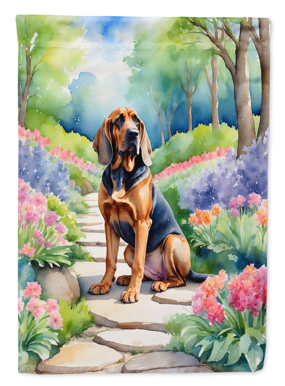 Bloodhound Spring Path Garden Flag – Dog-Themed Floral Outdoor Decor