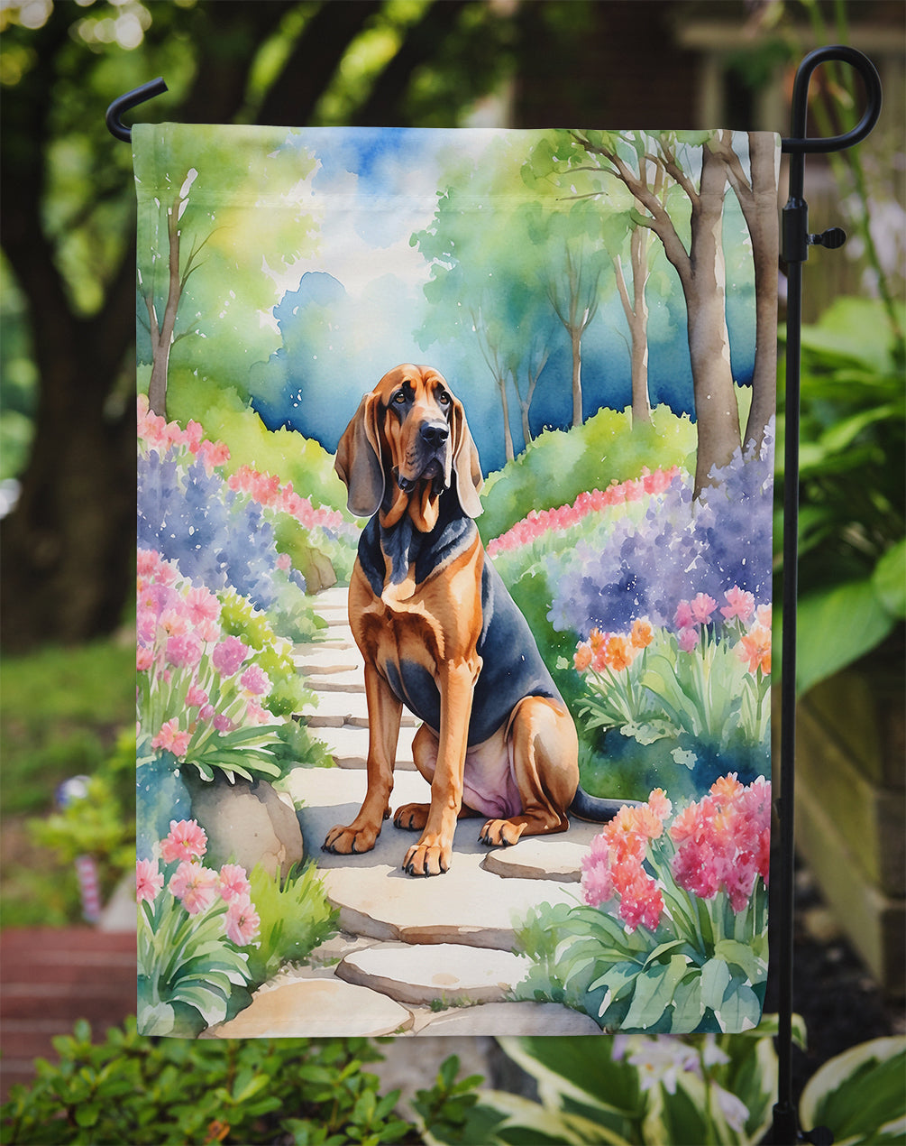 Bloodhound Spring Path Garden Flag – Dog-Themed Floral Outdoor Decor
