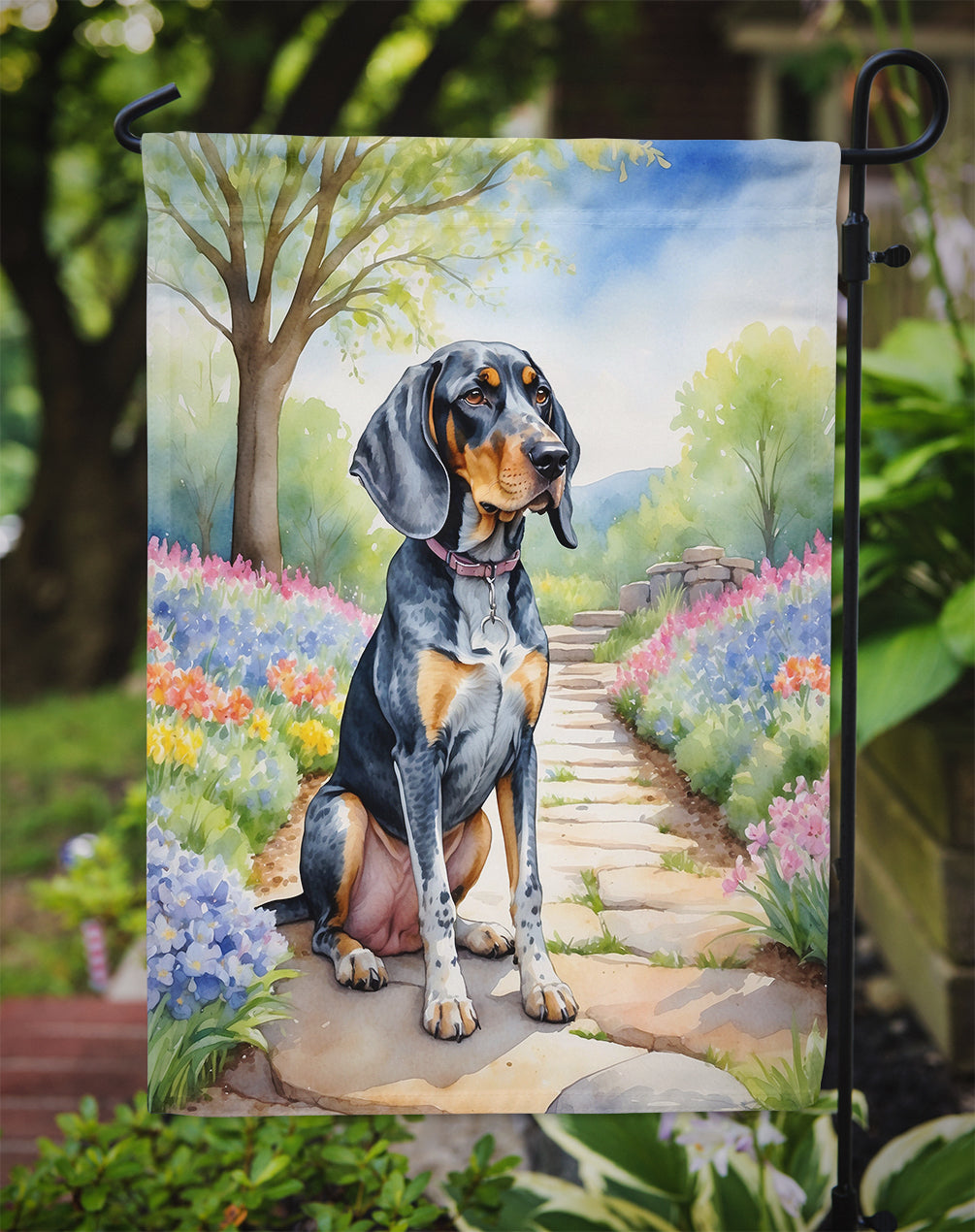Bluetick Coonhound Spring Path Garden Flag – Dog-Themed Floral Outdoor Decor