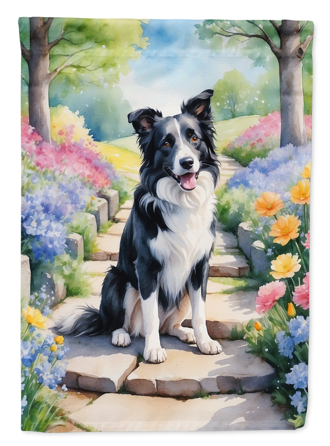 Border Collie Spring Path Garden Flag – Dog-Themed Floral Outdoor Decor