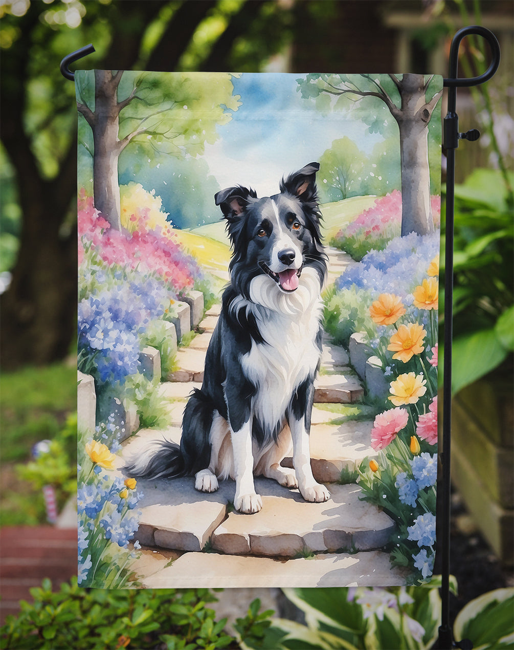Border Collie Spring Path Garden Flag – Dog-Themed Floral Outdoor Decor