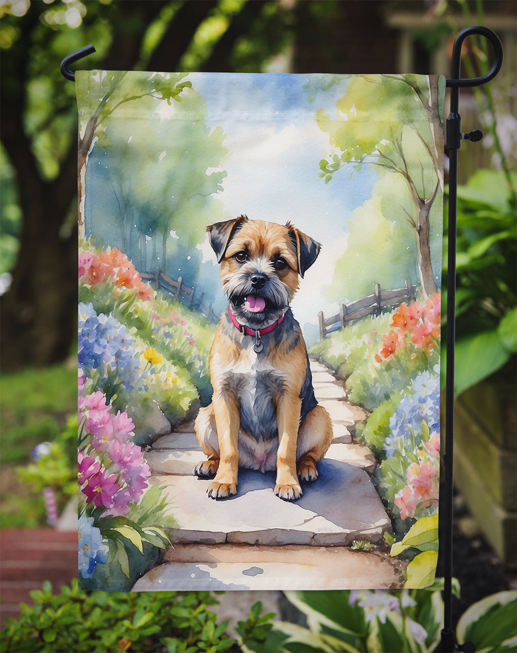 Border Terrier Spring Path Garden Flag – Dog-Themed Floral Outdoor Decor