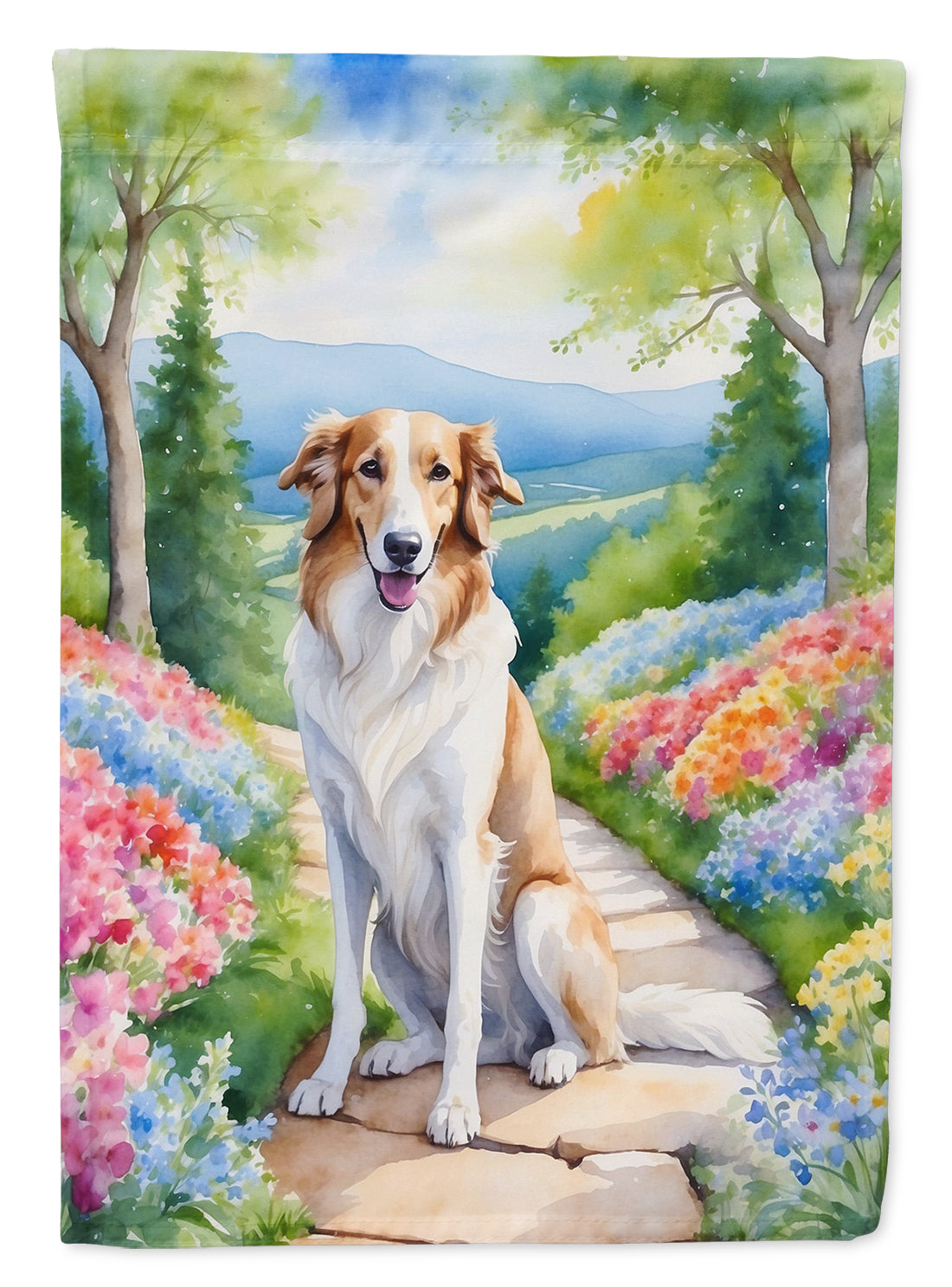Borzoi Spring Path Garden Flag – Dog-Themed Floral Outdoor Decor