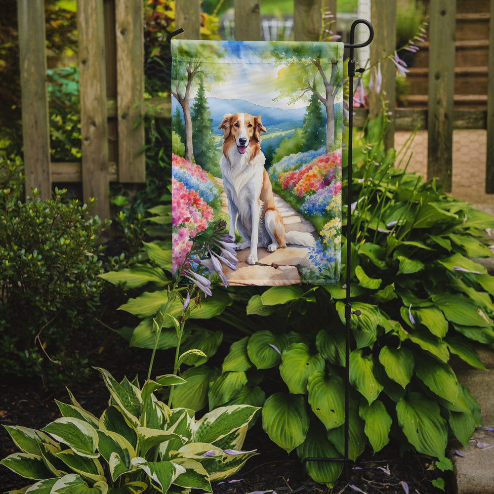 Borzoi Spring Path Garden Flag – Dog-Themed Floral Outdoor Decor
