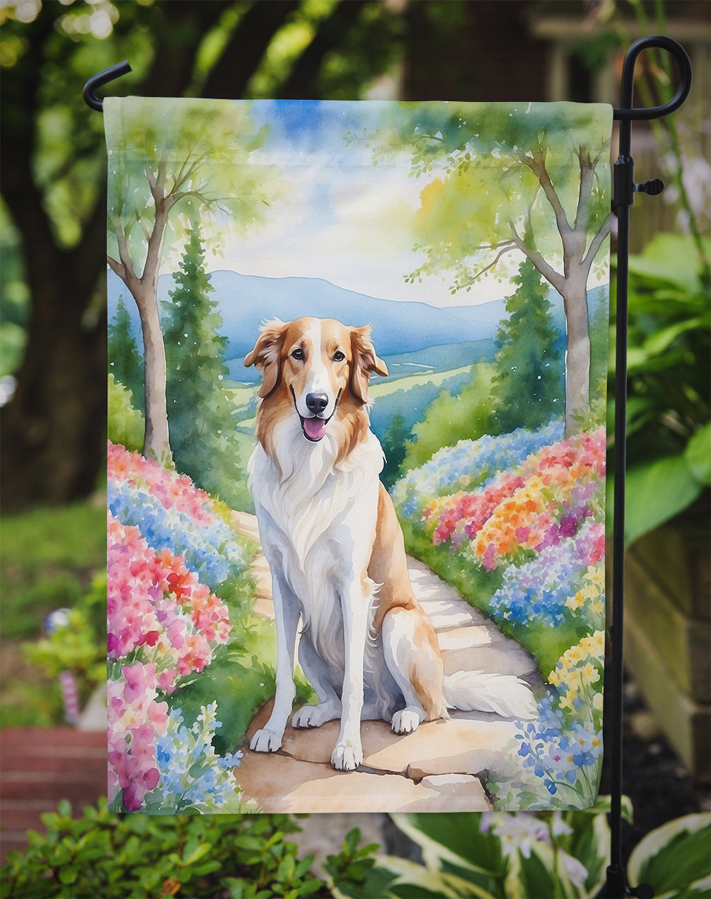 Borzoi Spring Path Garden Flag – Dog-Themed Floral Outdoor Decor