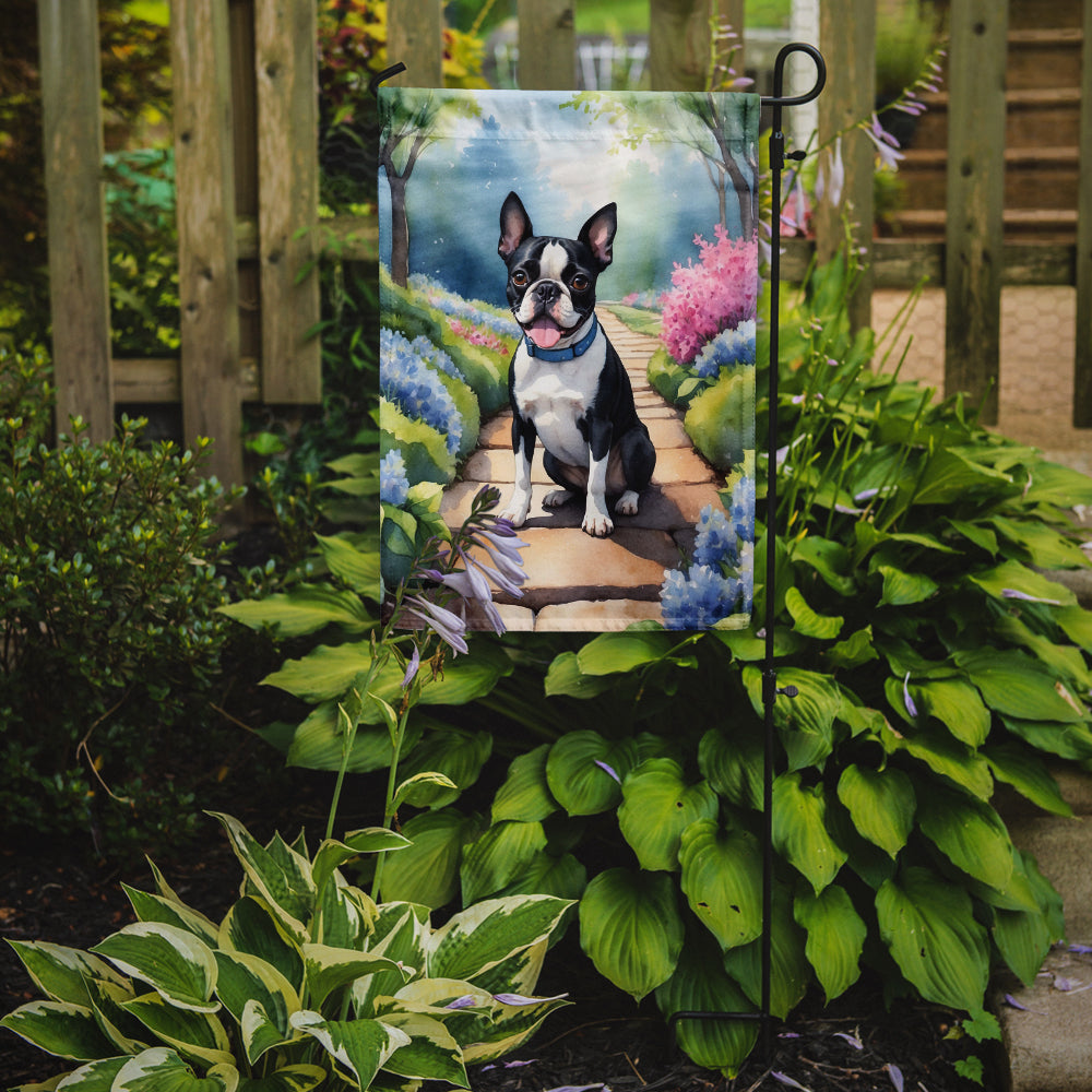 Boston Terrier Spring Path Garden Flag – Dog-Themed Floral Outdoor Decor