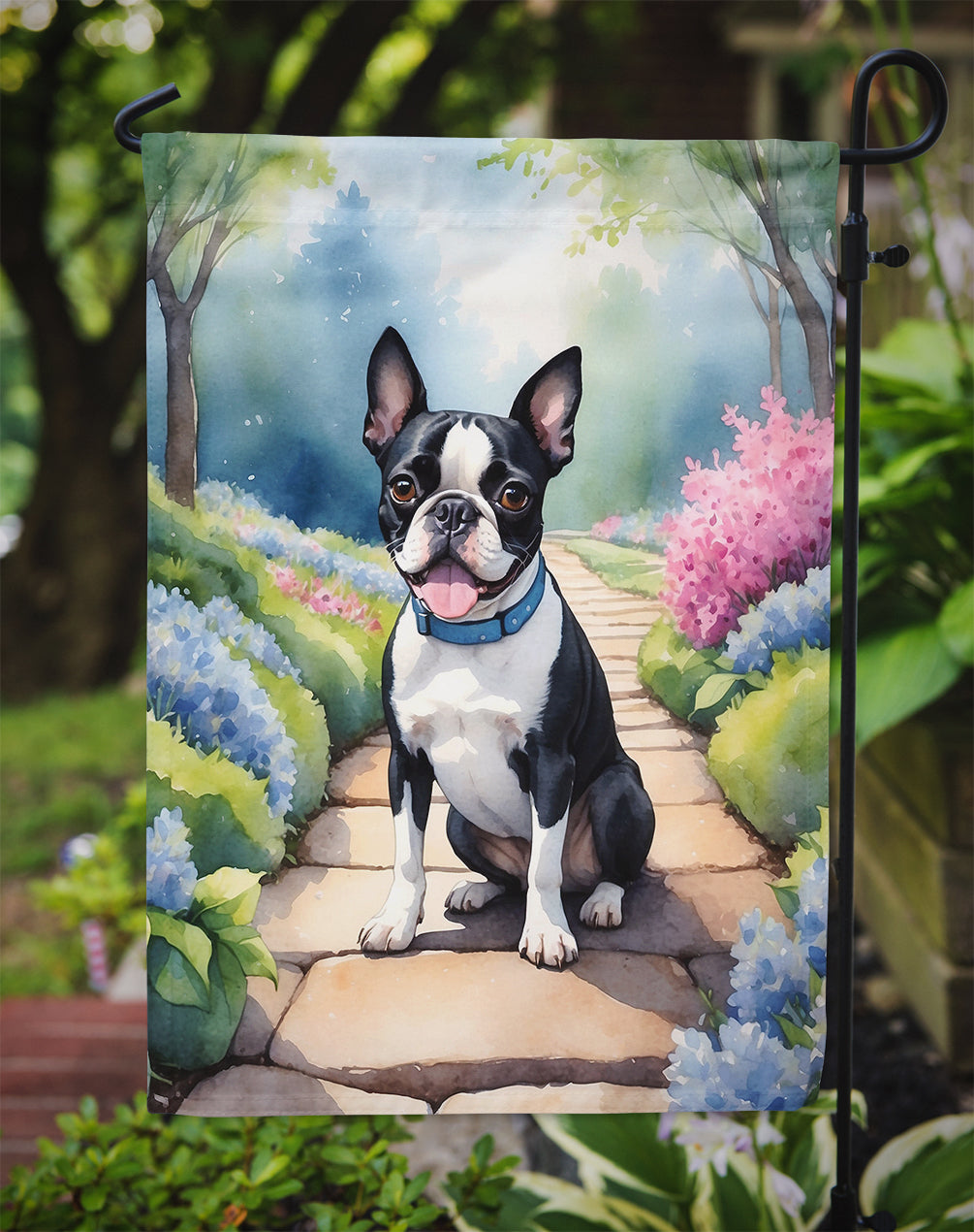 Boston Terrier Spring Path Garden Flag – Dog-Themed Floral Outdoor Decor