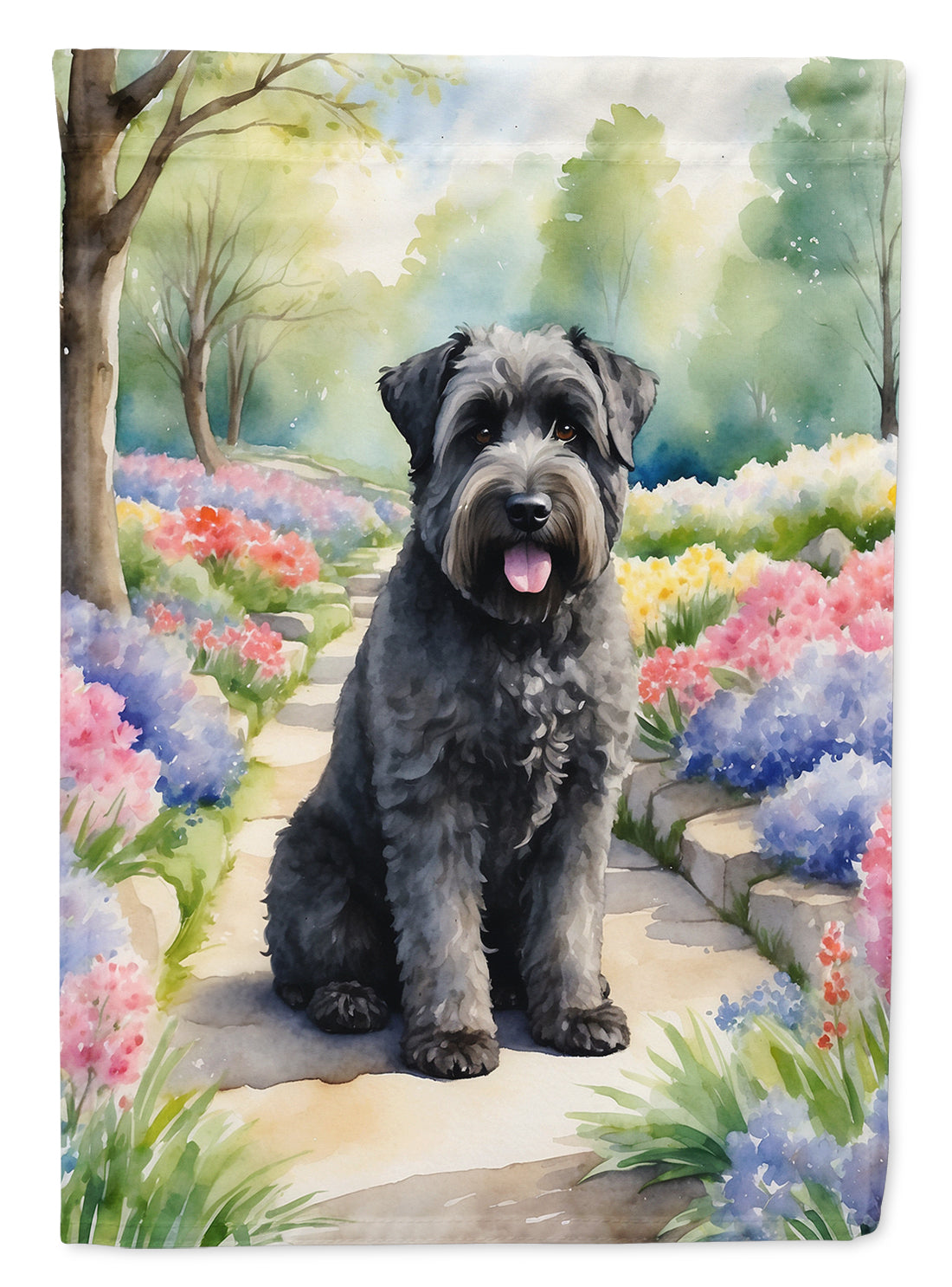 Bouvier des Flandres Spring Path Garden Flag – Dog-Themed Floral Outdoor Decor