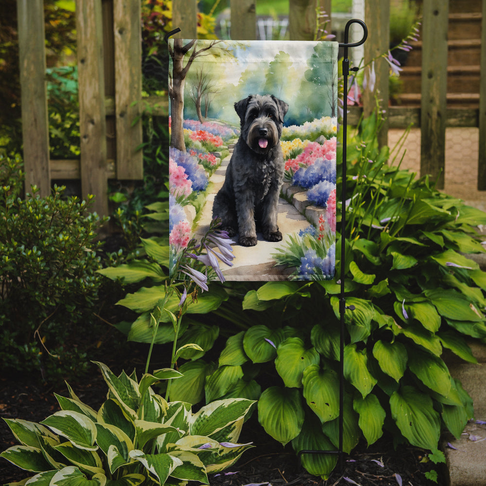 Bouvier des Flandres Spring Path Garden Flag – Dog-Themed Floral Outdoor Decor