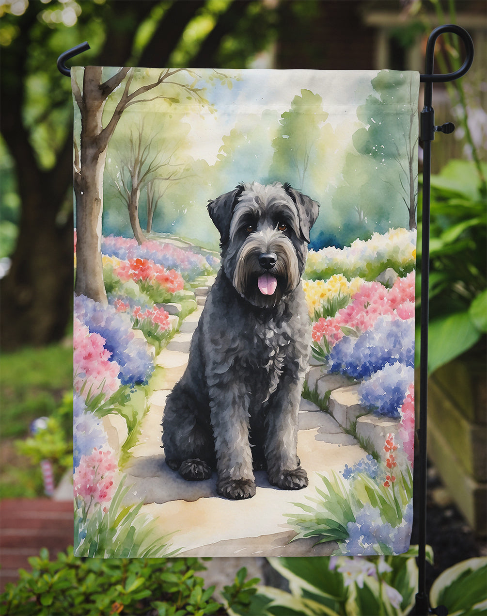 Bouvier des Flandres Spring Path Garden Flag – Dog-Themed Floral Outdoor Decor