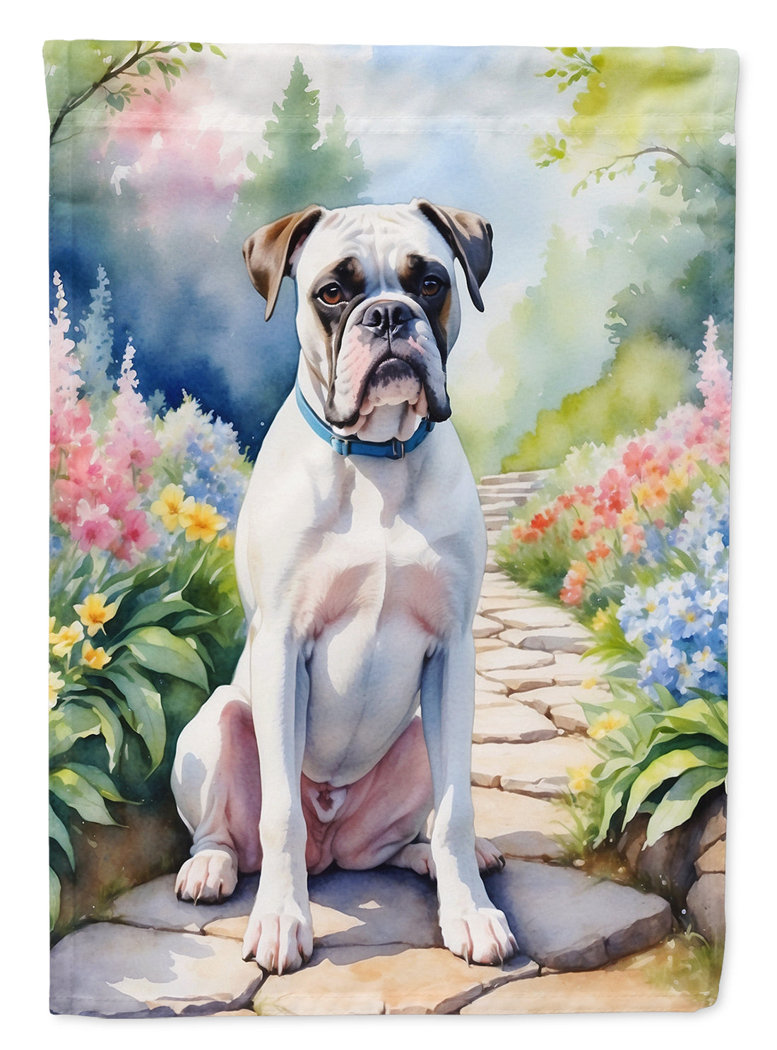 White Boxer Spring Path Garden Flag  – Dog-Themed Floral Outdoor Decor
