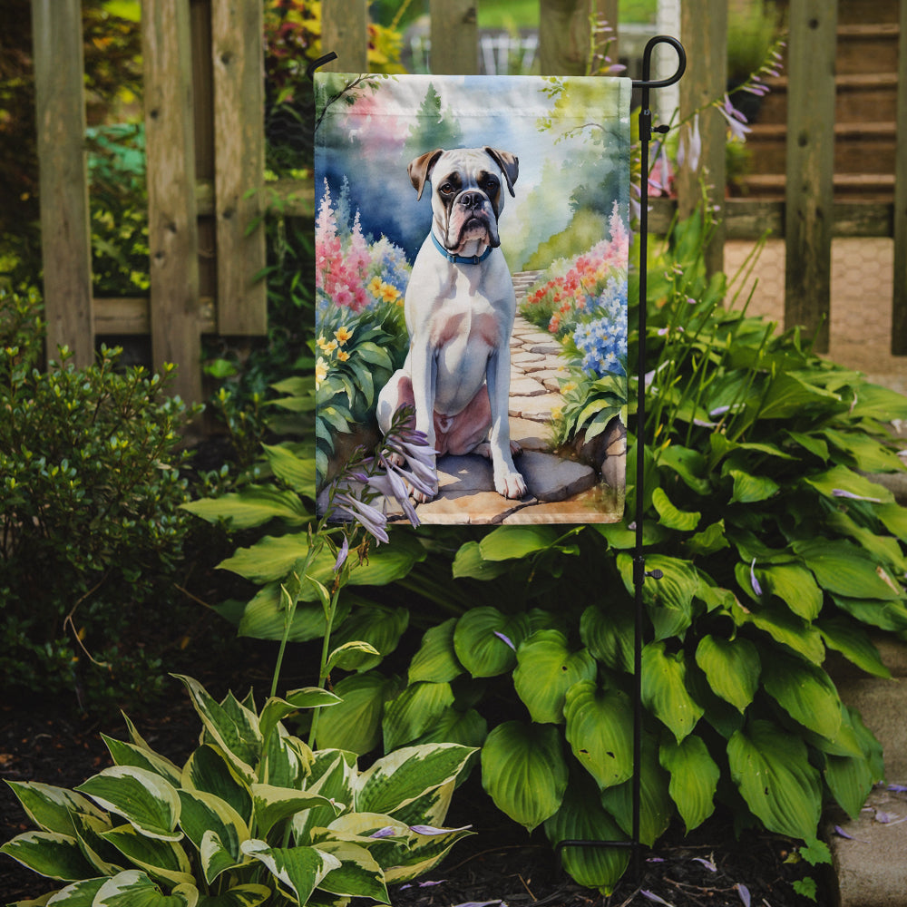 White Boxer Spring Path Garden Flag  – Dog-Themed Floral Outdoor Decor