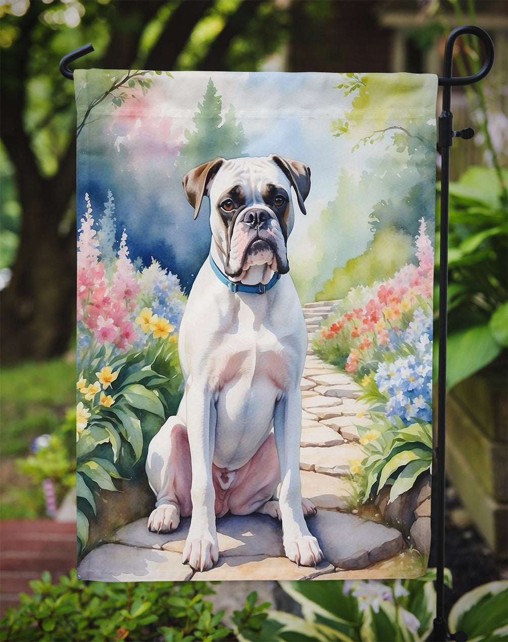 White Boxer Spring Path Garden Flag  – Dog-Themed Floral Outdoor Decor