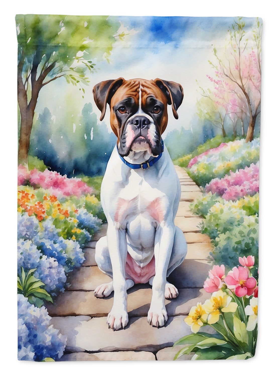 Boxer Spring Path Garden Flag – Dog-Themed Floral Outdoor Decor